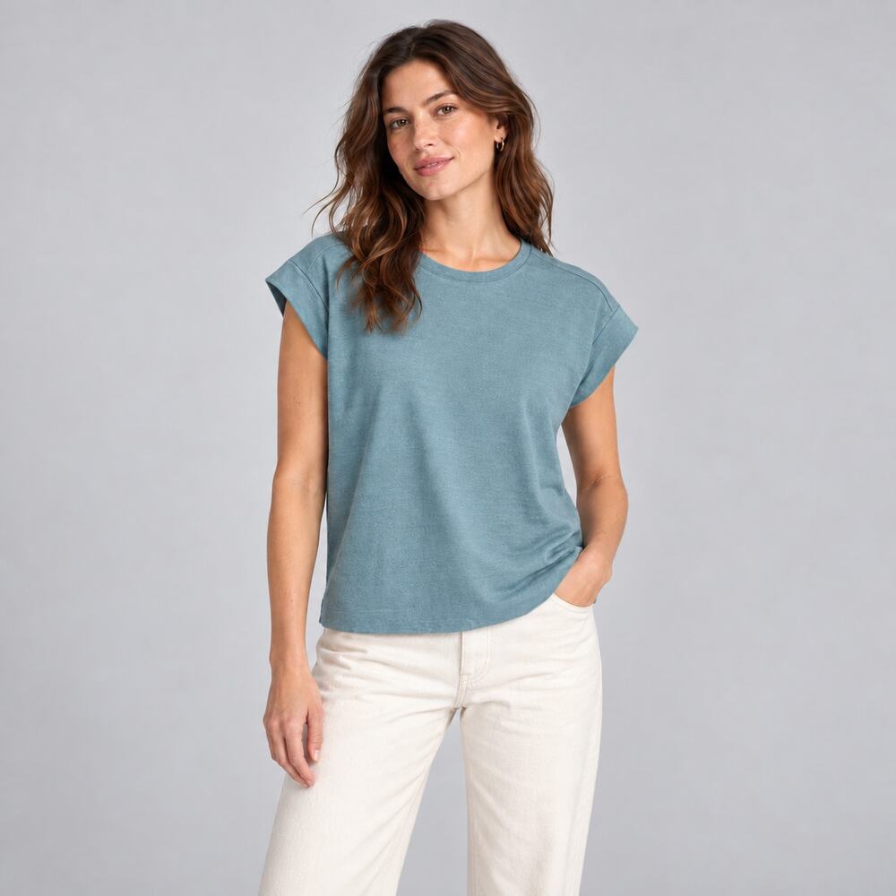 Madewell Muscle Tee WMNS XXS Blue Raw Silk Crew Neck Cap Sleeve Soft Minimalist